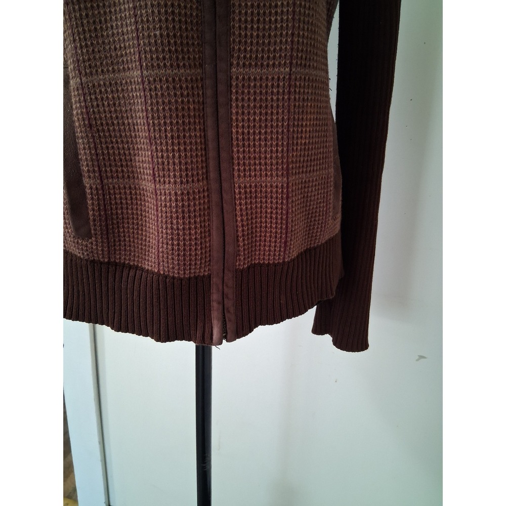Ralph Lauren LRL Brown Plaid Full Zip Cardigan Suede Patch Sweater Womens Small - Picture 3 of 11